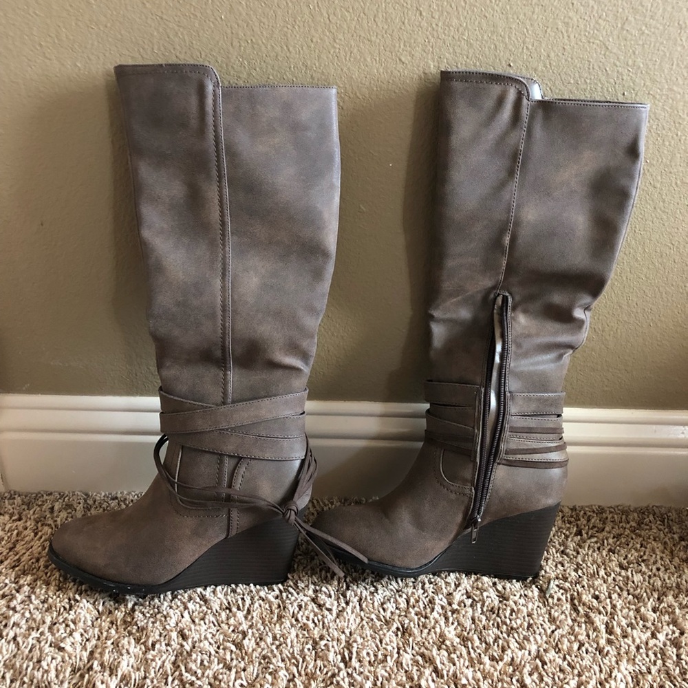 Rampage calf length wedge boots.